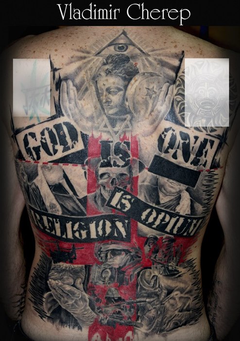 Татуировки Бог один, религия-это опиум в стиле Трешполька, Надписи Спина,  Лопатки, Поясница / Каталог тату-салонов и мастеров